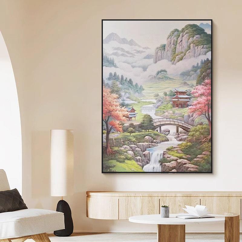国风唯美意境高山流水山水 过道玄关书房墙壁画