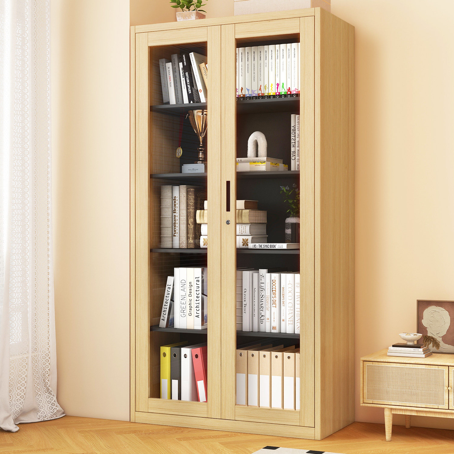 洛菲勒钢制木纹书柜带玻璃门家用客厅展示柜防尘柜办公室文件柜,住宅家具,单个书柜,淘宝优惠券,粉丝福利购,淘宝优惠卷