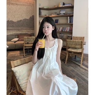 海边度假风高腰a字长裙初恋小白裙 白色吊带连衣裙女春夏2025新款
