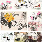 国画临摹卡片大师级山水墨画创意风景美术生山水鸟写意参考卡
