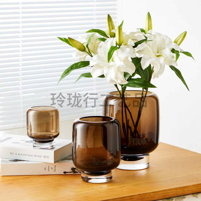 新棕色拧纹玻璃花瓶摆件家居饰品餐桌玄关桌面插花花器软装工艺品