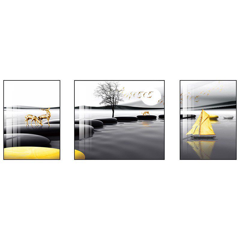 客厅装饰画沙发背景墙后面的风景画现代新三挂画晶瓷壁画