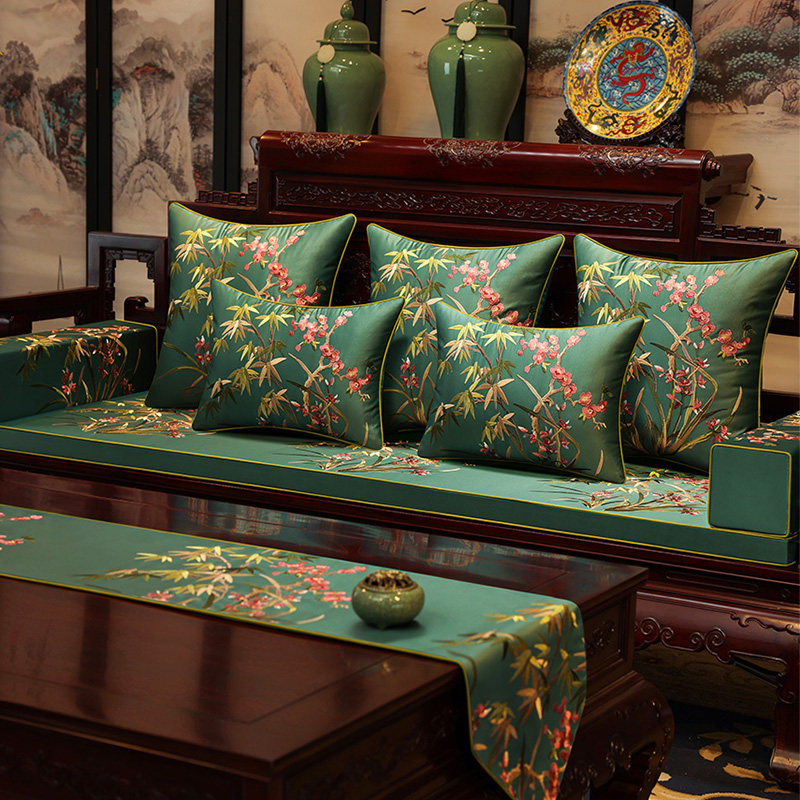 新红木沙发垫绸缎布艺绣垫子乳胶垫实木防滑坐垫