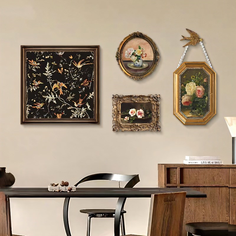 法式餐厅装饰画中古风卧室床头挂画小众艺术饭厅背景墙组合壁画图片