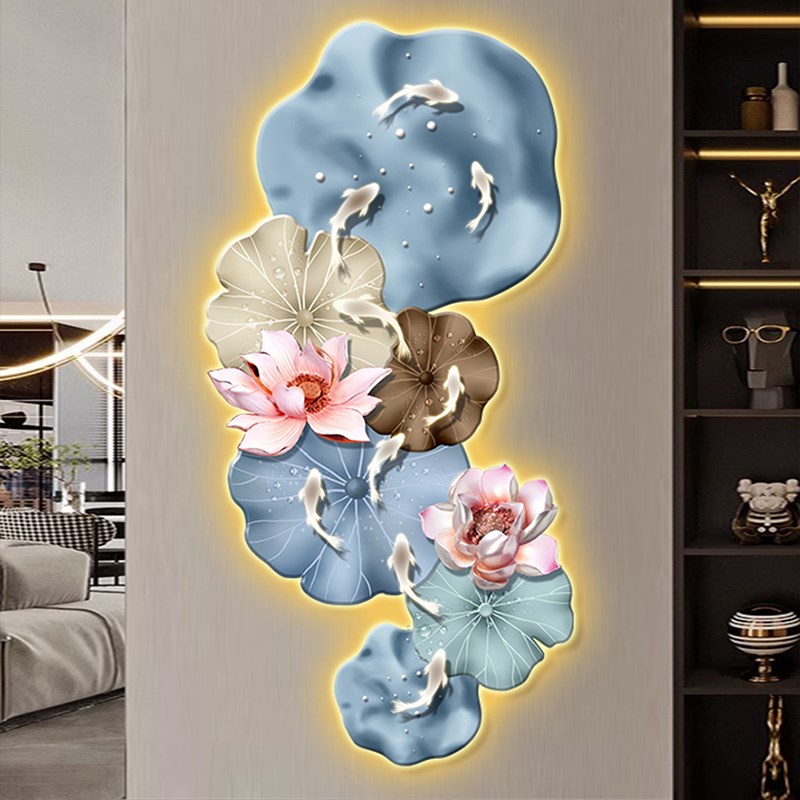 玄关装饰画LED发光灯画轻奢x现代九鱼图壁画抽象荷叶走廊过道挂画图片