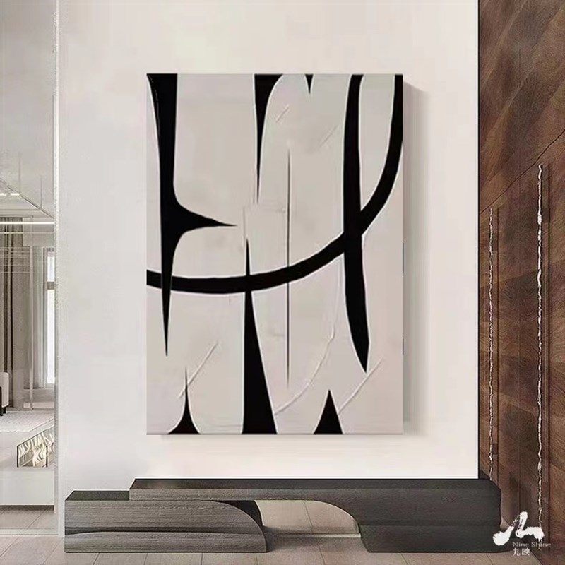 手绘油画肌理立体抽象黑白线条客厅装饰画玄关餐厅挂画现代简约风图片