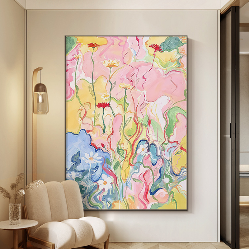 盛开多巴胺彩色花q卉客厅装饰画抽象大幅卧室油画玄关艺术挂图片