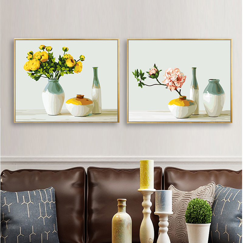 diy手工填色数字油画植物花卉客厅卧室简美现代装饰画双拼双联图片