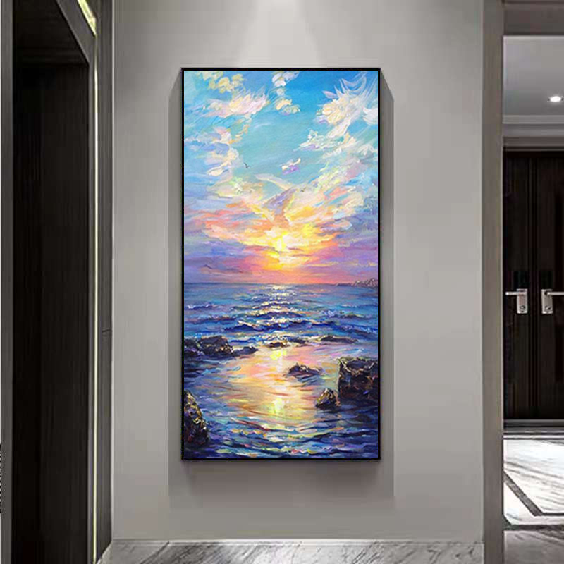 日出手绘油画客厅装饰画过道玄关挂画抽象手工壁画走廊立体竖版画图片
