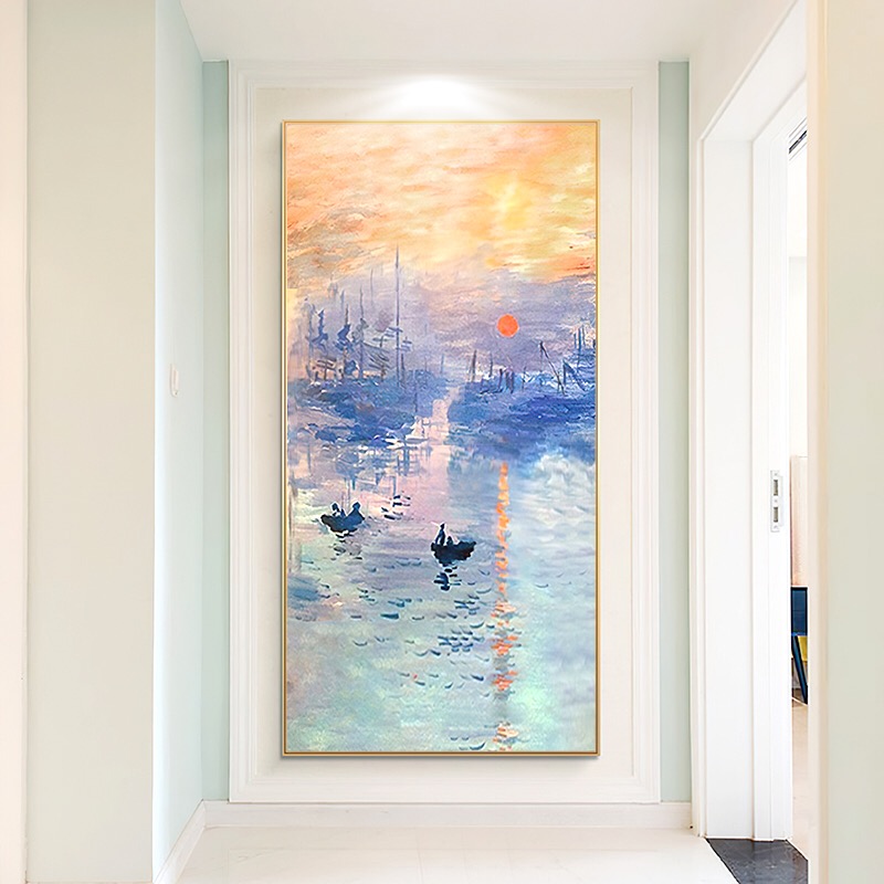 莫奈日出纯手绘油画入户玄关装饰画现代走廊过道轻U奢风景竖版挂图片