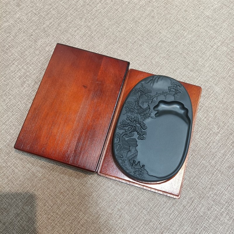 高山流水17.x11.7x2.cm歙砚黑龙潭砚台天然石头砚台木盒可磨墨