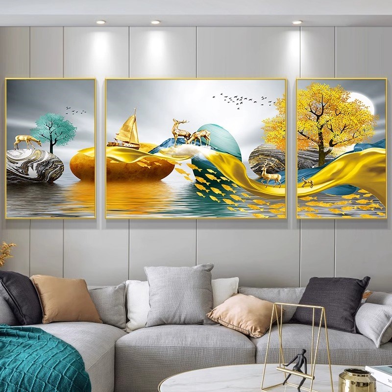 轻奢客厅装饰画现代简约沙发背景墙挂画大气晶瓷画三联画壁画墙画图片