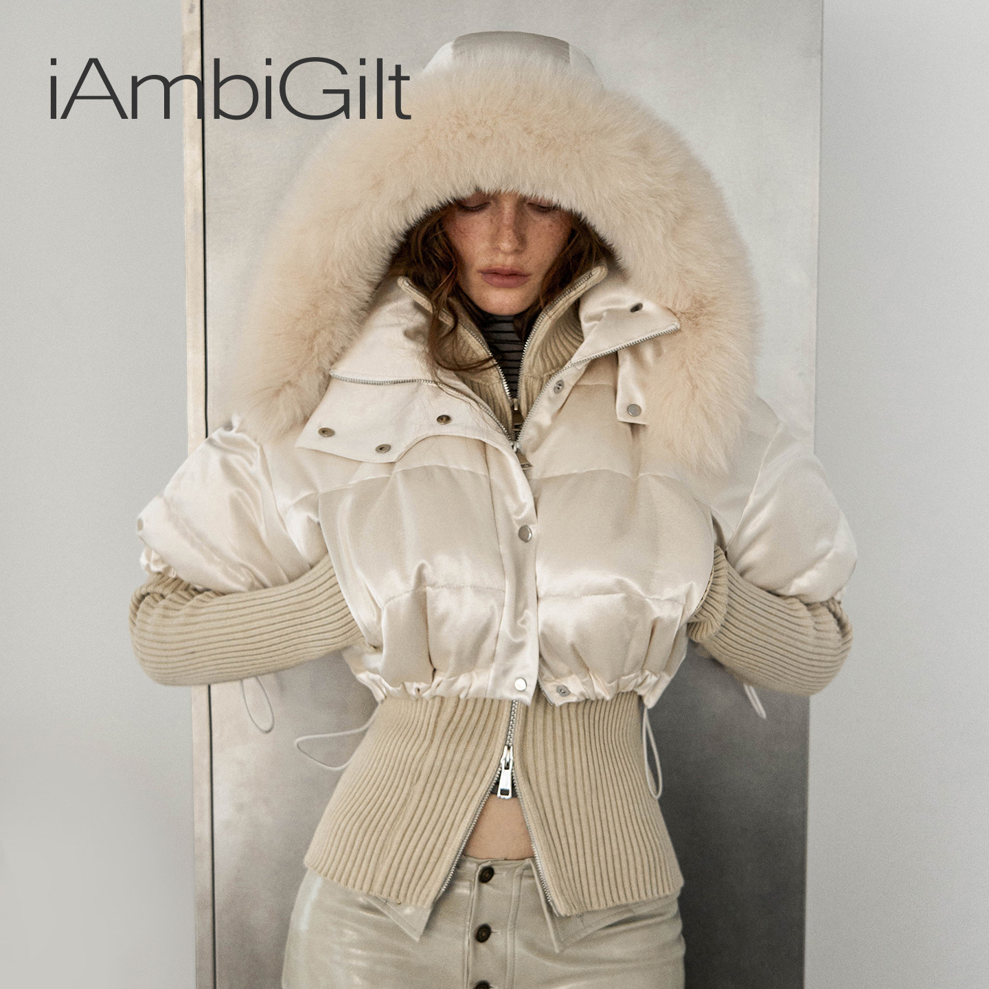 iAmbiGilt假两件高领加厚针织罗纹狐狸毛领90绒羽绒服修身外套