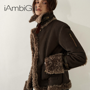 iAmbiGilt气质复古机车皮扣大翻领加厚美拉德皮草女外套