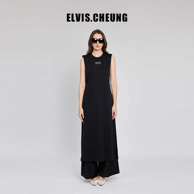ELVIS.CHEUNG春夏新品轻奢H版型性感后开叉丝绸绑带无袖连衣裙