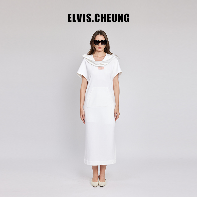 ELVIS.CHEUNG春夏新品原创设计师前开叉针织连帽连衣裙休闲裙女