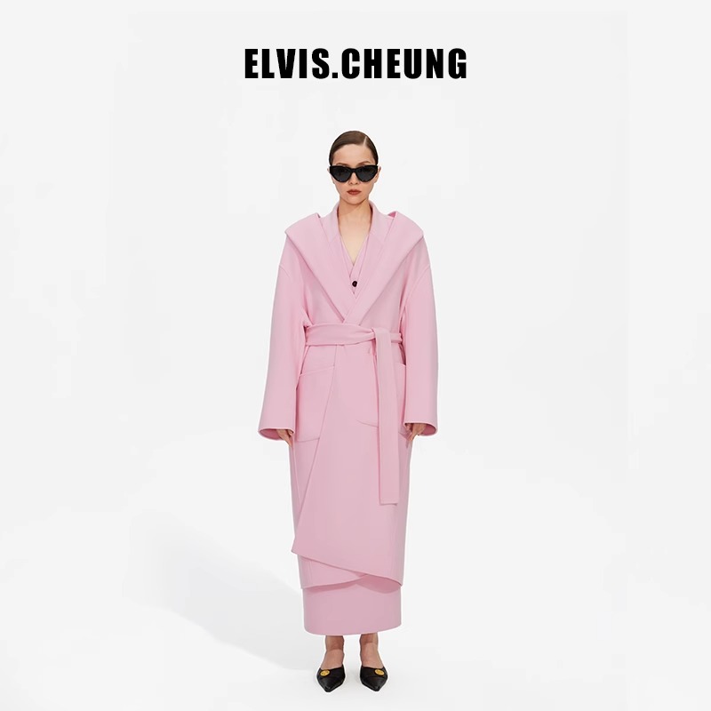 ELVIS.CHEUNG原创设计羊绒彩色双面呢连帽一体大衣长款外套女时尚