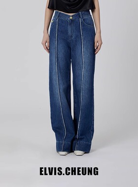 ELVIS.CHEUNG春夏新品原创设计牛仔中蓝毛边直筒裤牛仔裤休闲女