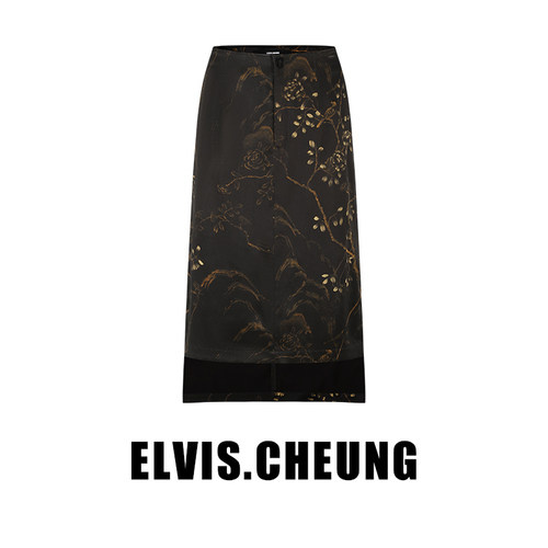 ELVIS.CHEUNG开运秋季新品香云纱系列瑞鹊丹韵描金侧开衩半身裙