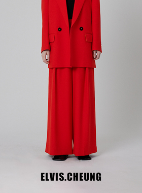 ELVIS.CHEUNG春夏新品精纺羊毛马术腰封阔腿裤长裤注定红