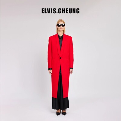 ELVIS.CHEUNG春夏新品精纺羊毛青果领Y型长大衣风衣注定红新年