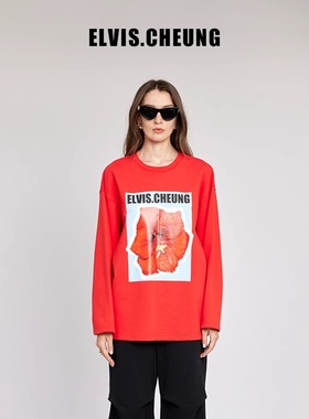 ELVIS.CHEUNG秋冬新品复古注定红圆领套头卫衣贺岁设计师磨毛