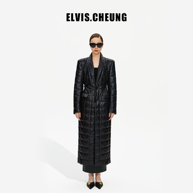 ELVIS.CHEUNG秋冬新品蛋白PU皮绗缝格郁金香长大衣皮风衣外套女