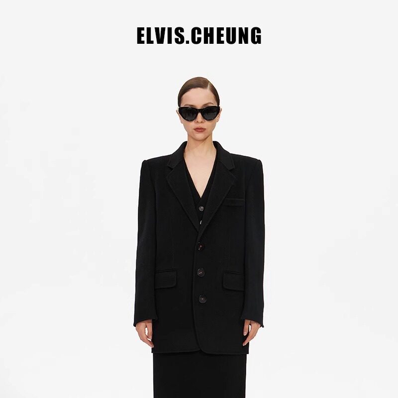 ELVIS.CHEUNG秋冬新品彩色羊绒双面呢单排宽肩西装西服外套女