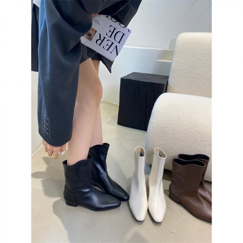 方头英伦风短靴女2025春款复古时尚百搭浅口短筒粗跟单靴女裸靴