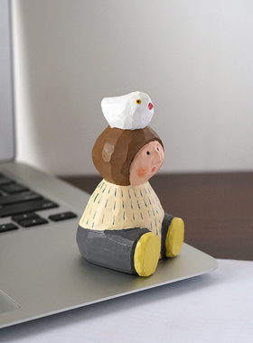 手工木雕可爱蘑菇公仔举气球卡通治愈系办公室桌面装饰品小摆件女