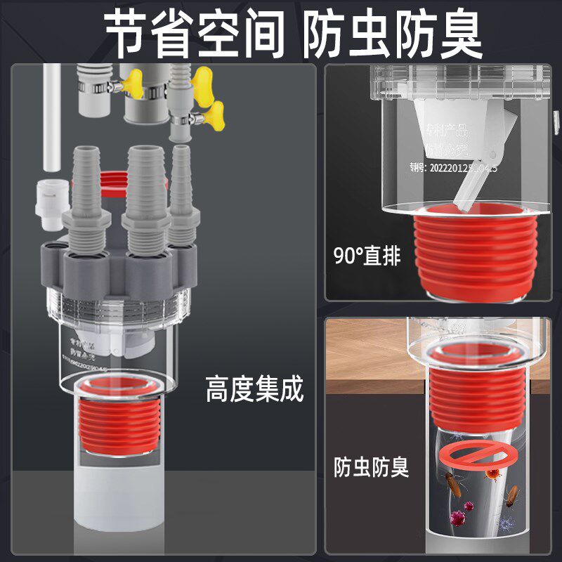 全屋净水系统下水管三头通软水分水器前置排水管防返四通