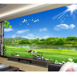 蓝天白云绿色草原电视背景墙壁画现代客厅沙发阳光马壁纸