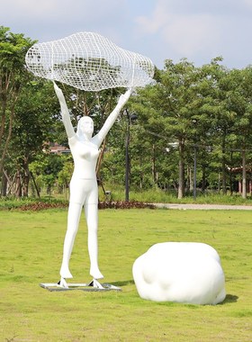 玻璃钢抽象云朵人物雕塑不锈钢镂空云朵摆件售楼处小区草坪装饰品