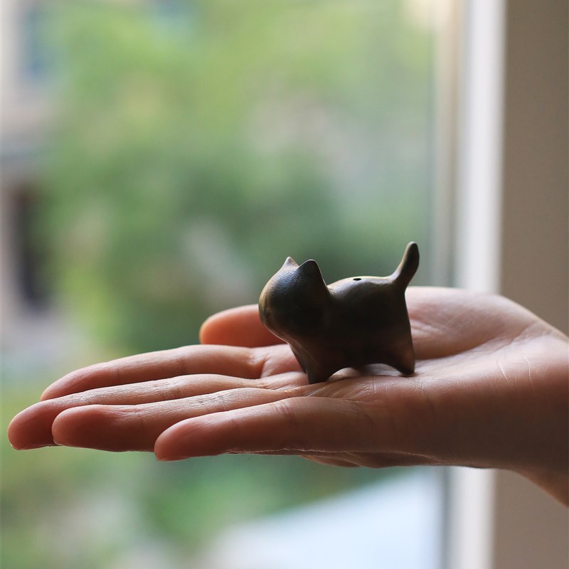 猫生衔蝉勇气小猫香插香座香托家用室内绿檀木香道用具摆件