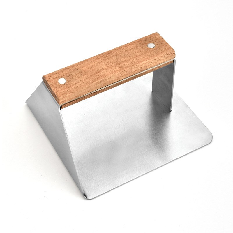 304不锈钢木柄方形压肉器汉堡压牛排肉压板 手动压肉压饼器工具