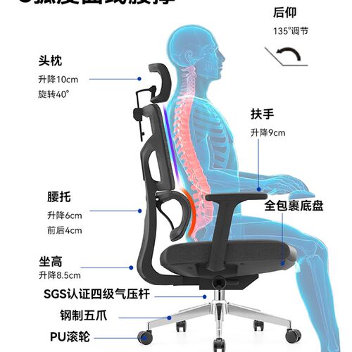 捷奥体工学椅办公电脑椅舒适久坐躺转椅电竞椅网布透气椅