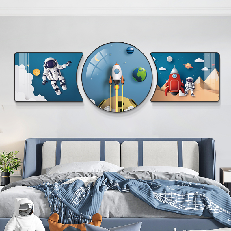 儿童房装饰画男孩卧室房间太空人宇航员创意卡通壁画床头三联挂画图片
