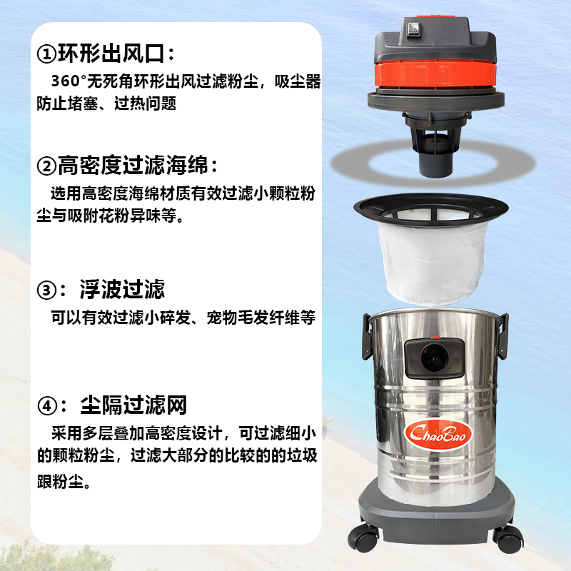 超宝CB大功率吸尘器家用商用大吸力洗车用强力吸水机工业用L