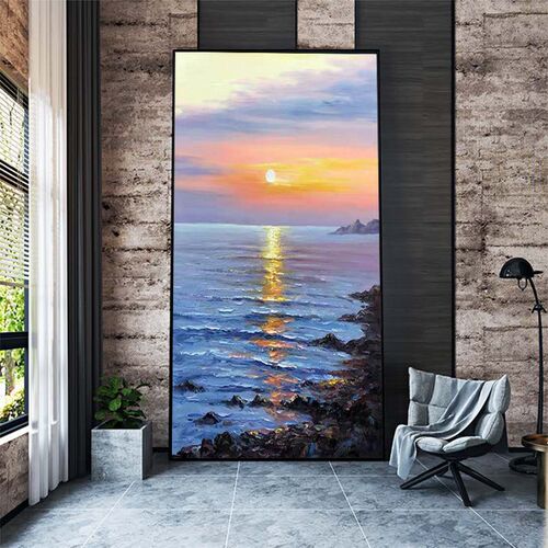 玄关装饰画海景立体现代过道竖墙画手绘油画大气