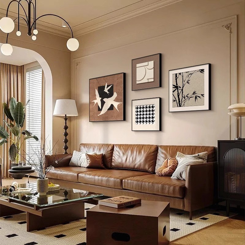 美拉德中古风客厅装饰画复古抽象沙发背景墙挂画高级感组合墙壁画图片