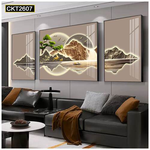现代简约客厅沙发背景装饰画新中式背有靠山挂画大气山水三联壁画