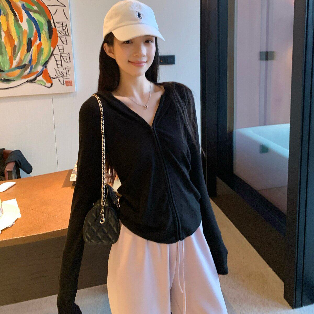 灰色连帽修身短款防晒空调罩衫上衣拉链开衫外套女卫衣春夏季薄款