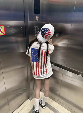 美式复古旗帜印花白色短袖T恤女夏季设计感潮牌宽松情侣纯棉上衣