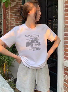 黑色美式印花短袖T恤女2026年新款夏季正肩显瘦上衣百搭T恤ins潮