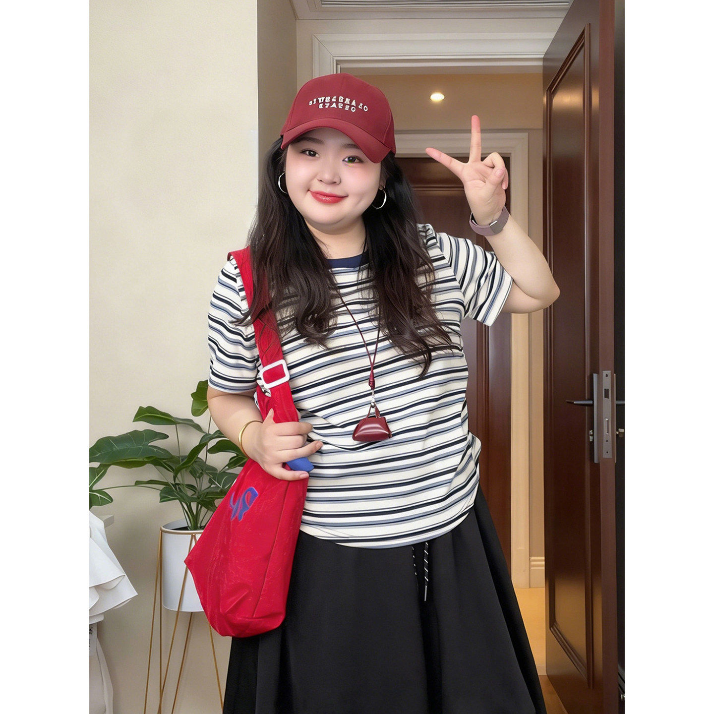 韩系独特漂亮条纹正肩短袖t恤女夏季大尺码胖mm宽松显瘦设计感上