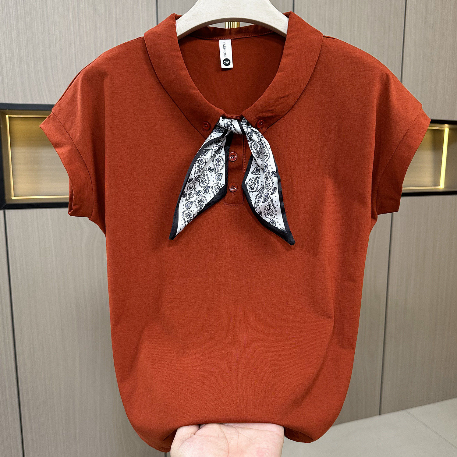 夏季新款时尚丝巾翻领纯棉妈妈款短袖T恤女百搭减龄显瘦气质上衣