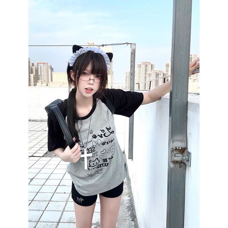 美式复古插肩短袖女夏季