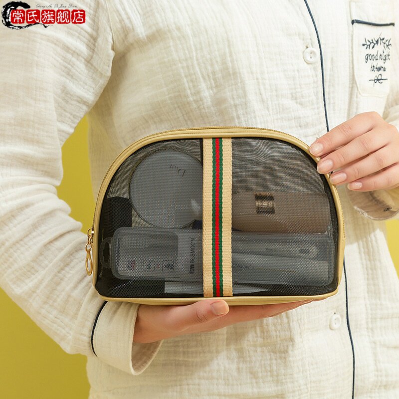 新款网纱化妆包半圆洗漱袋大容量手拿收纳包透明网眼零钱包笔袋