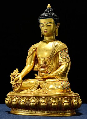 闯隆家用藏式创意装饰品铜鎏金《药师佛》铜像室内桌面工艺摆件