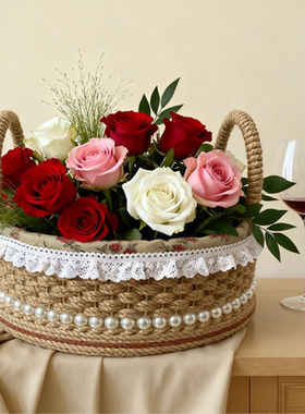 珍珠草编花篮大盆收纳筐家用室内装饰编织北欧高级感手工礼物篮